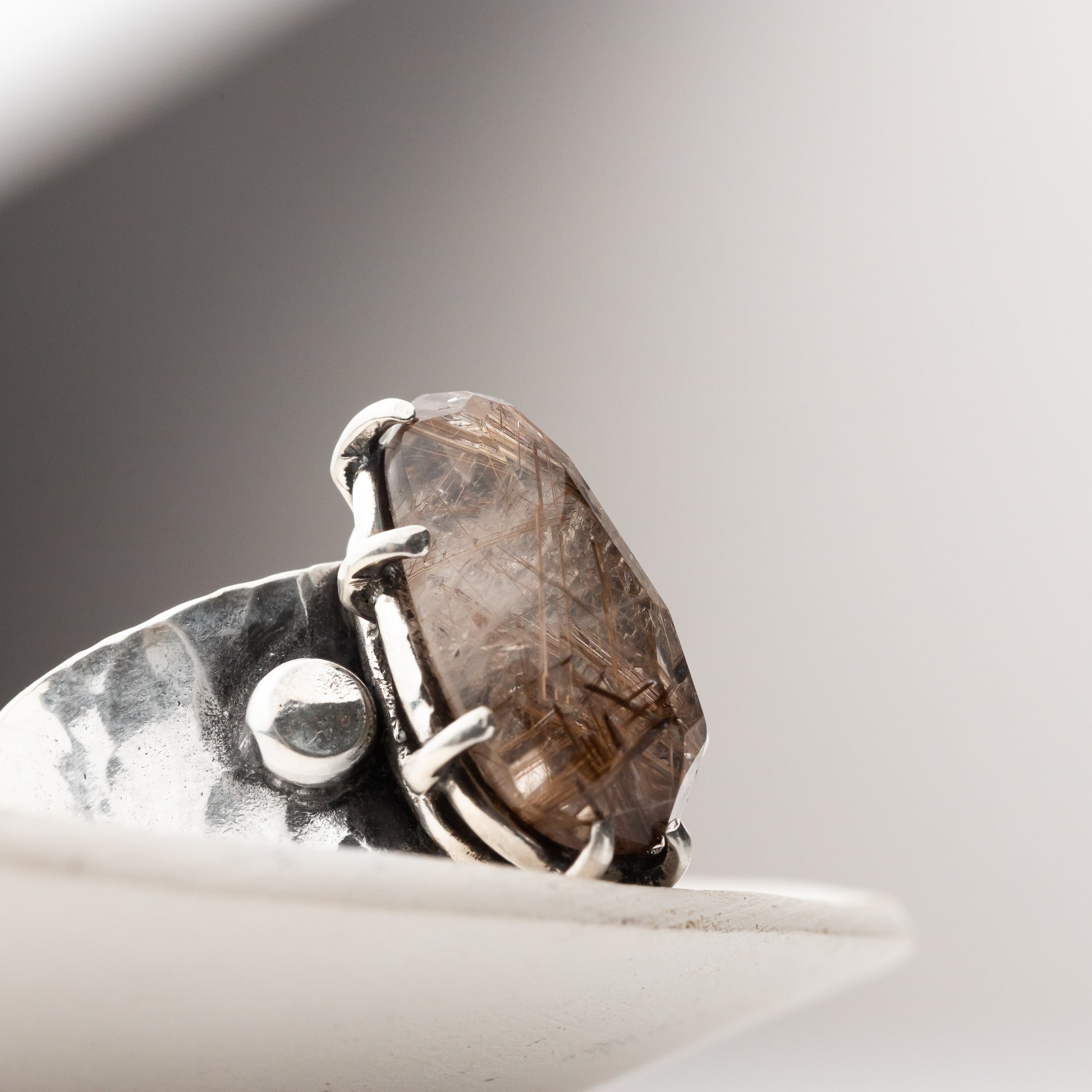 Rutilated Quartz Prong Set Gemstone ring, Handmade Sterling Silver jewelry, Wide Band ring