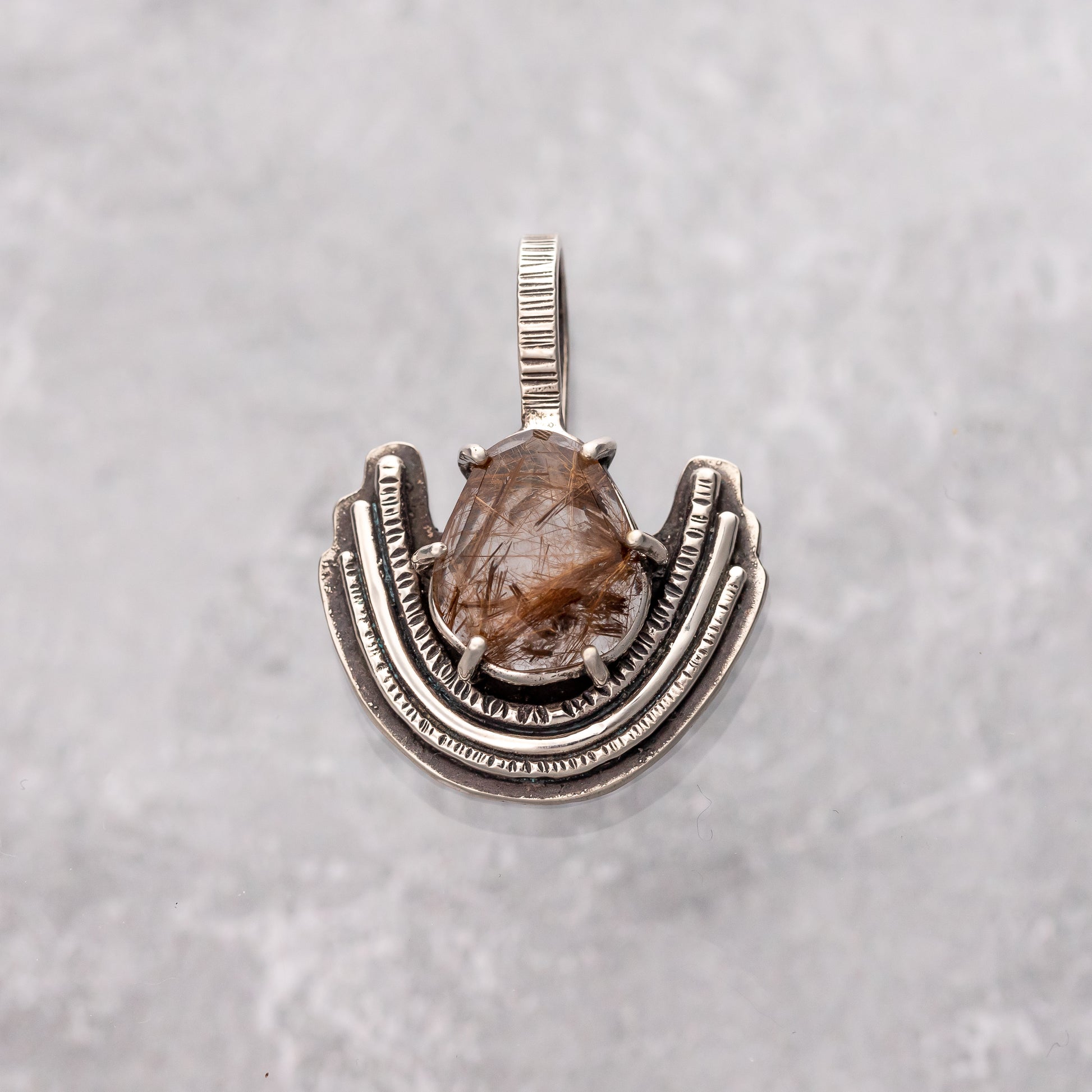 Rutilated Quartz Prong Set Pendant Handmade Sterling Silver Jewelry