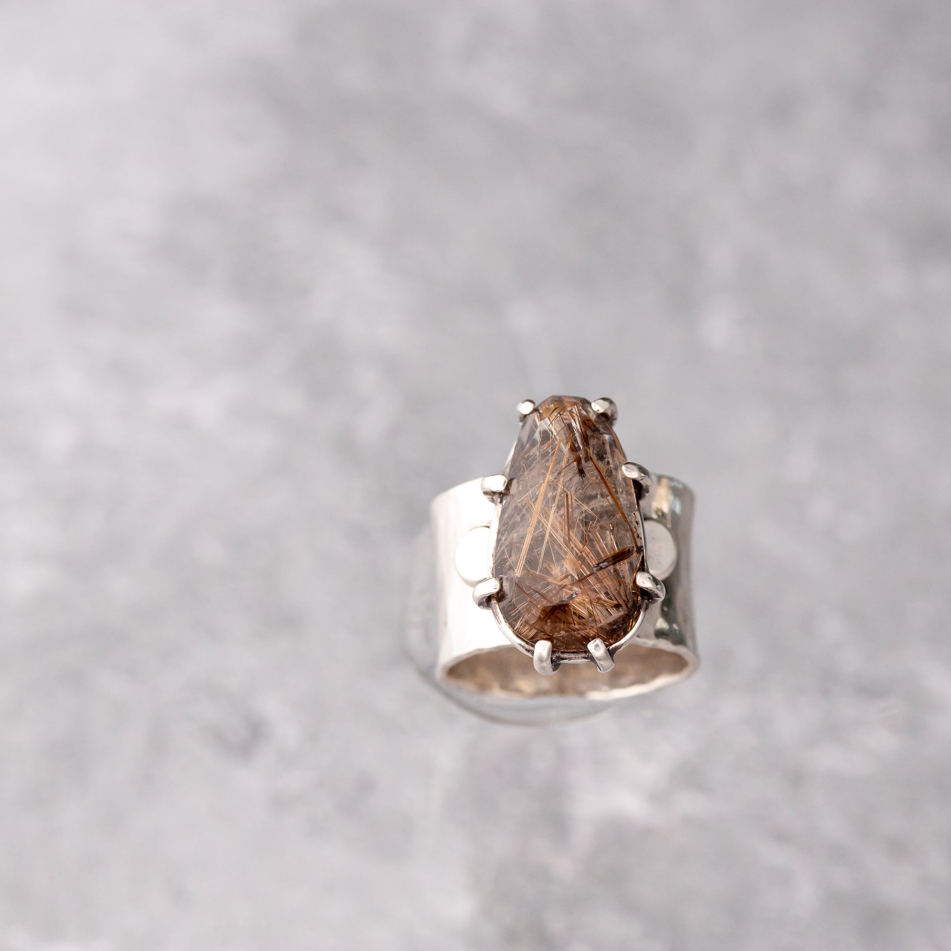 Rutilated Quartz Prong Set Gemstone ring, Handmade Sterling Silver jewelry, Wide Band ring