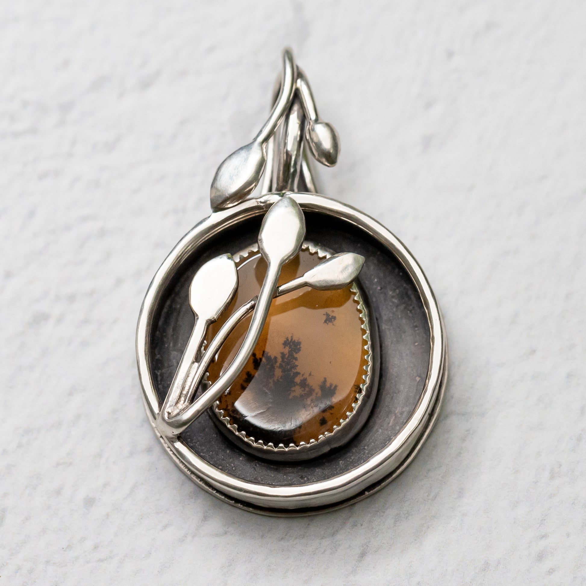 Handmade Sterling Silver Jewelry.  Dendritic Agate and Silver Sculpted Leaves Botanical Pendant