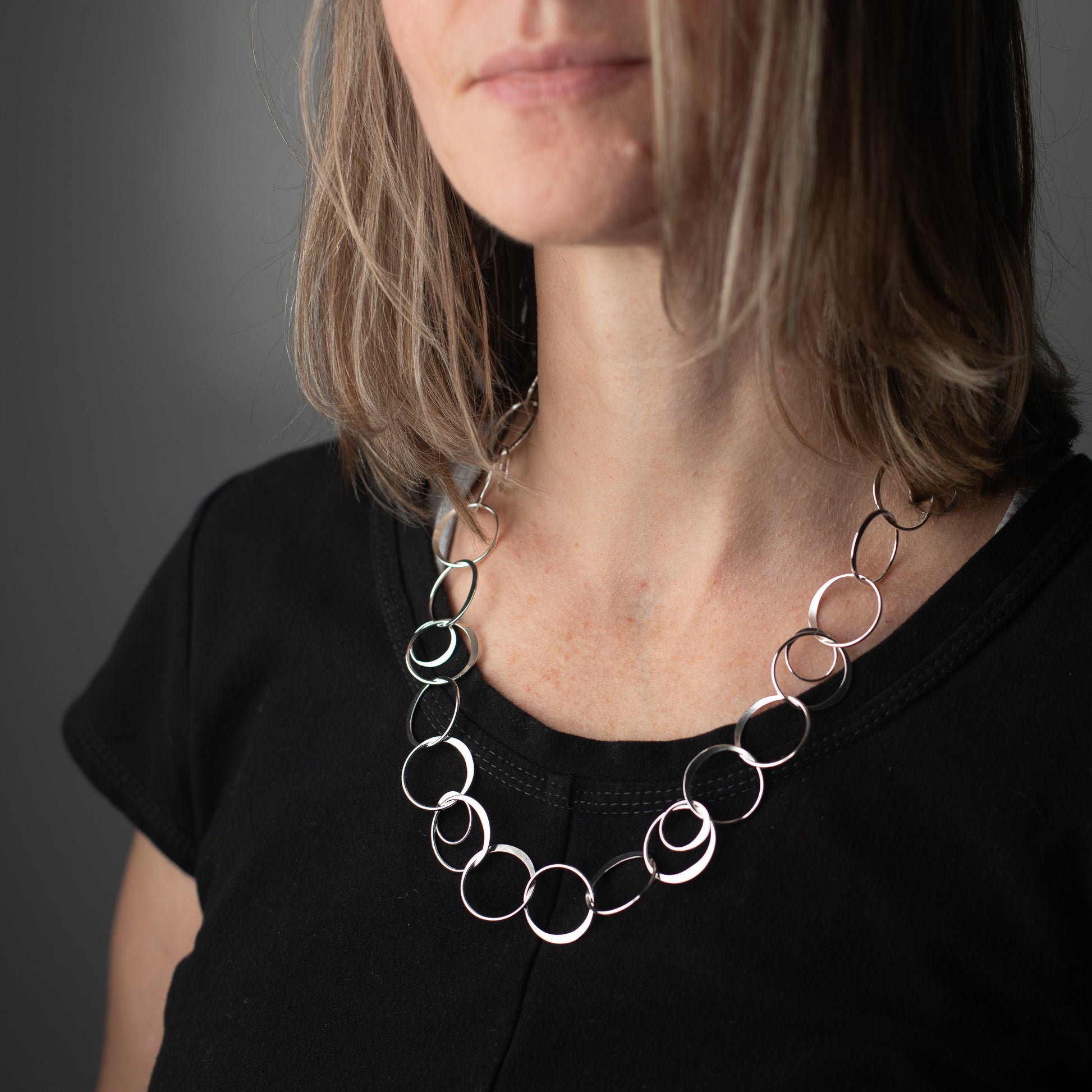 handmade sterling silver chain necklace this statement chain features nested sterling silver circles that have been hand hammered for dimension and posited to a high shine.  Perfect everyday silver statement necklace!