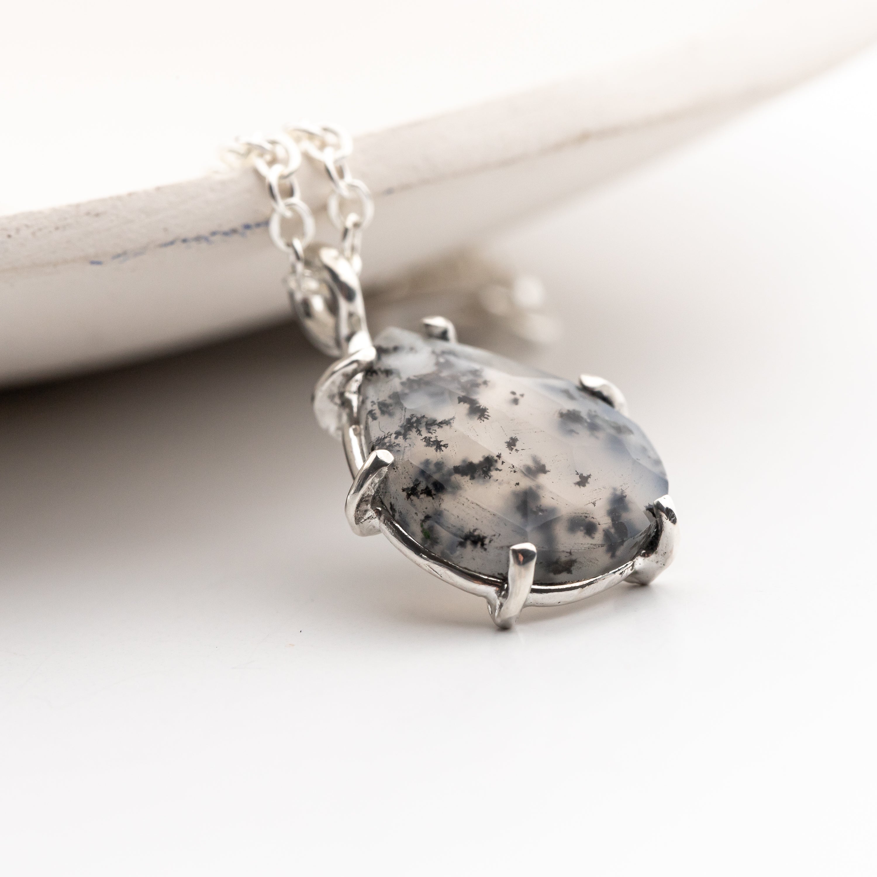 Prong Set Dendritic Agate Pendant Necklace on Sterling Silver Chain, Handmade Sterling Silver Jewelry with Natural Stones, One of a Kind Artisan Made Jewelry