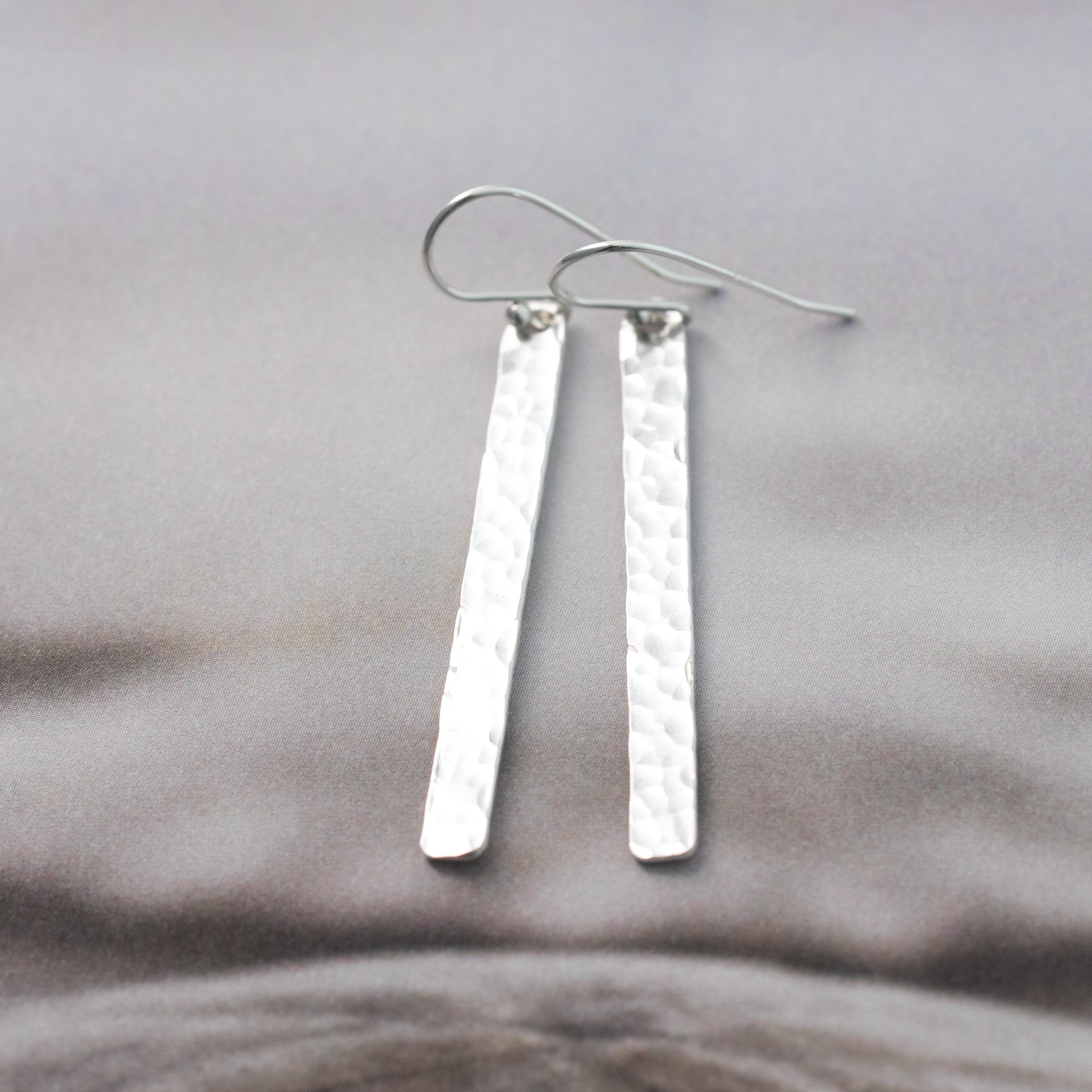 hand hammered sterling silver bar earrings, nickel free handmade jewelry gifts for her.  Artisan sterling silver earrings handmade with Argentium Sterling Silver.  HIgh quality designer sterling silver jewelry.