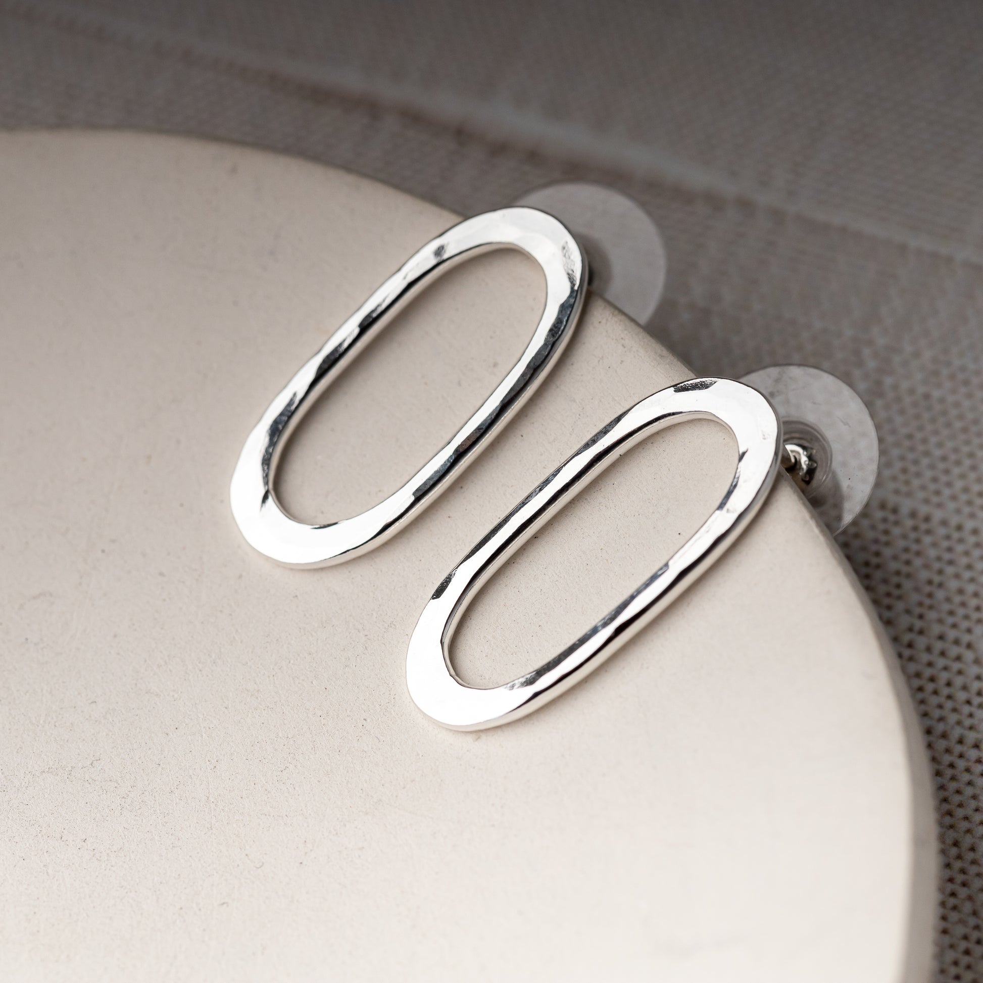 Hand Hammered Sterling Silver Oval Earrings on Post