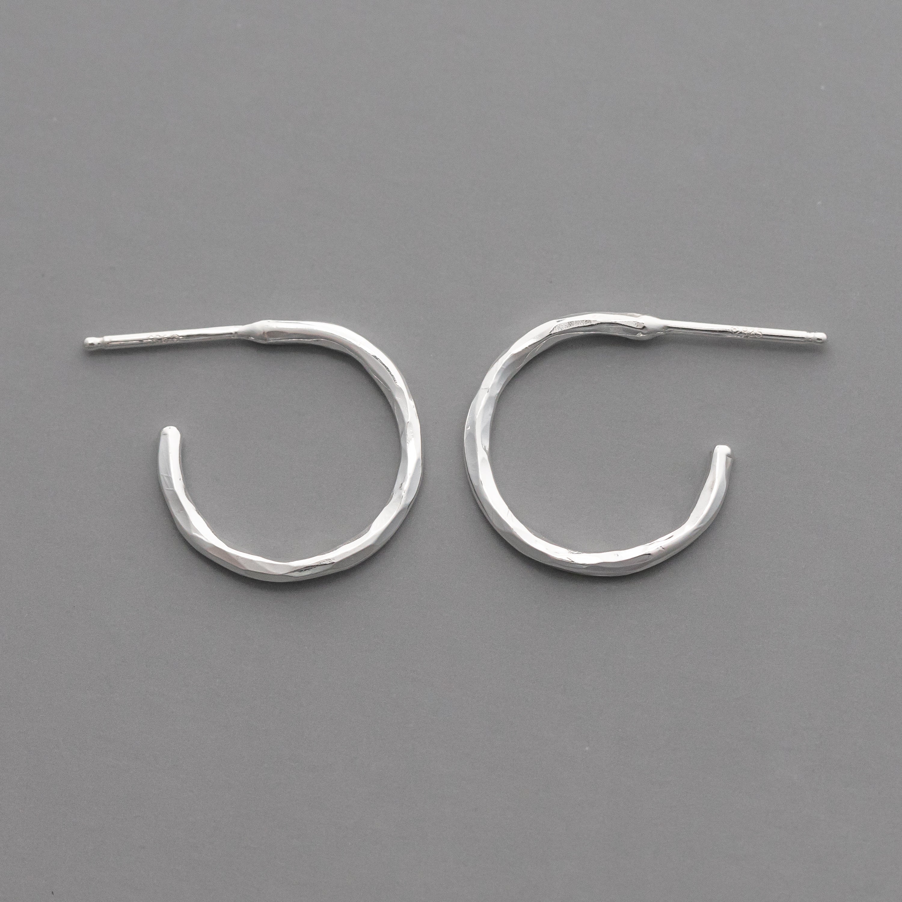 handmade sterling silver jewelry, nickel free silver hoop earrings with hammered artisan details.  Handcafted unique silver jewelry for her.  Every day hoop earrings with post